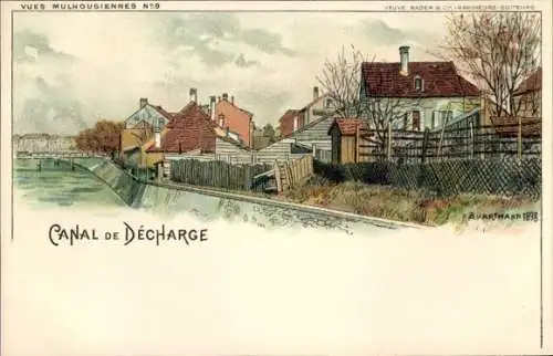 Ak Mulhouse Mülhausen Elsass Haut Rhin, Napoleonsinsel, Häuserreihe entlang Kanal, Holzzaun, H...