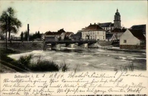 Ak Dettwiller Dettweiler Elsass Bas Rhin,  Brücke über den Fluss, Gebäudeansichten, Kirchturm,...