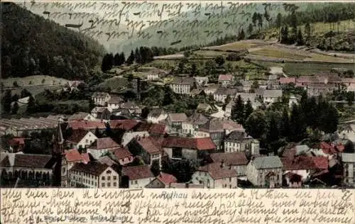 Ak Rothau Elsass Bas Rhin, Stadtansicht mit vielen Häusern, Hügel im Hintergrund, Bäume, rote ...