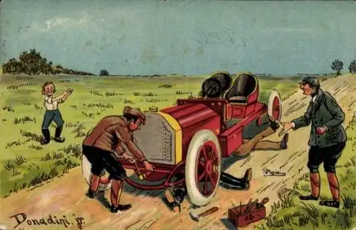 Künstler Ak Donadini jr., Autopanne, Automobil auf der Straße wird repariert