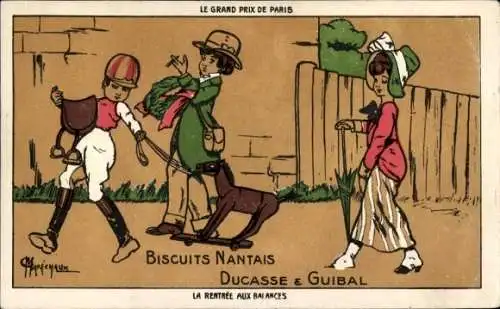 Künstler Ak Kinder, Reiter mit Holzpferd, Biscuits Nantais Ducasse & Guibal