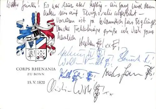 Studentika Ak Bonn, Corps Rhenania, 1820-1970, Adenauerallee 94, Wappen, WSC