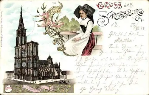 Ak Strasbourg Straßburg Elsass Bas Rhin,  mit Straßburger Münster, Dame in Tracht, Blumen
