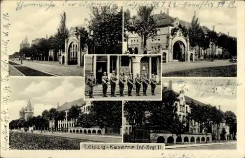 Ak Leipzig, Verschiedene Ansichten der Kaserne, Soldaten in Uniform, Bauwerk