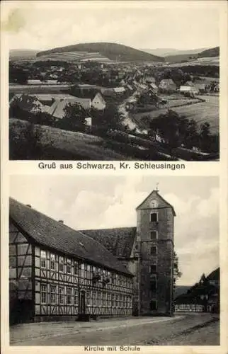 Ak Schwarza im Thüringer Wald, Panorama, Kirche, Schule