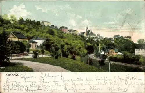 Ak Leisnig in Sachsen, Stadtansicht, Hügel, Bäume, Häuser, Kirche