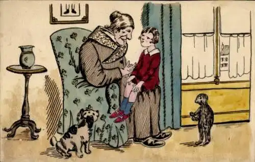 Ak Frau erzählt seiner Enkeltochter eine Geschichte, Hund