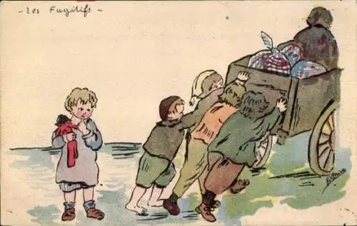 Ak Kinderfürsorge, Kinder schieben einen Karren