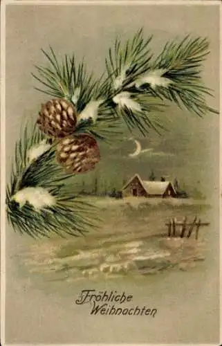 Präge Ak Frohe Weihnachten, Tannenzweig, Dorfpartie