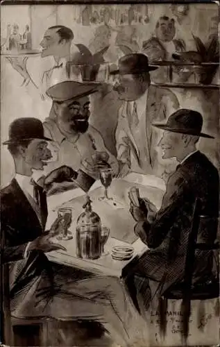 Künstler God, J P, La Manille, 1930, Herren spielen Karten im Lokal