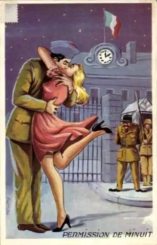 Künstler Ak Mitternacht-Erlaubnis, französischer Soldat, Kuss
