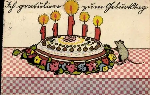 Ak Ich gratuliere zum Geburtstag, Torte, Maus