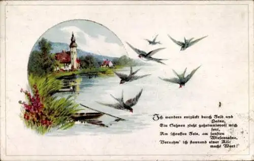 Gedicht Ak Kirche, Schwalben im Flug
