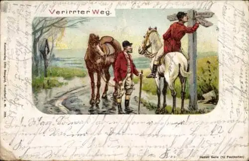 Litho Verirrter Weg, englische Jäger am Wegweiser