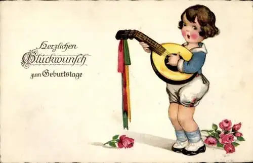 Ak Glückwunsch Geburtstag, Musizierendes Kind, Laute