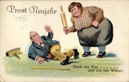 Ak Prosit Neujahr, Frau rügt ihren Ehemann mit Nudelholz