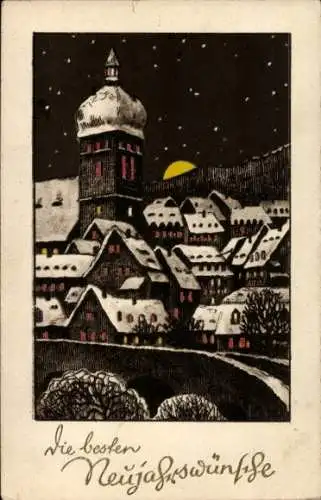 Ak Glückwunsch Neujahr, Häuser, Turm, Brücke