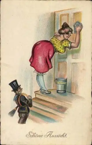 Ak Schornsteinfeger beäugt Po der Putzfrau