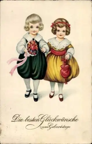 Ak Gebutstagsglückwünsche, zwei Kinder mit Blumenstrauß