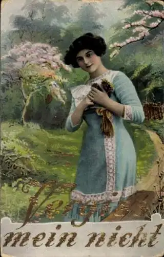 Ak Strasbourg Straßburg Elsass Bas Rhin, Eine junge Frau steht in einem Park und schaut nachde...