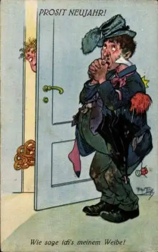 Künstler Ak Prosit Neujahr, Trunkenbolt, Wie sag ichs meinem Weibe