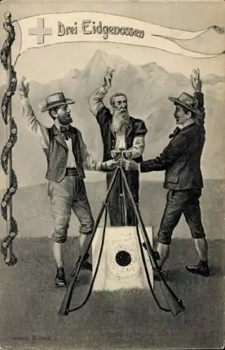 Ak Schweiz, Drei Eidgenossen, Gewehr, Schießscheibe