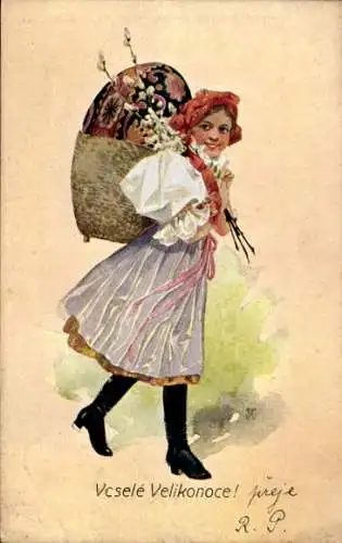 Ak Břevnov Breunau Praha Prag Tschechien, Mädchen in Tracht mit Osternest auf dem Rücken