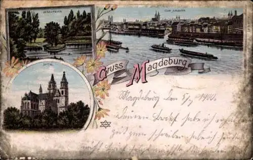 Litho Magdeburg an der Elbe, Dom, Inselteich
