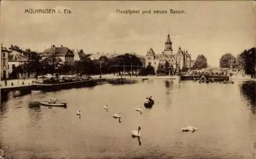 Ak Mulhausen Mühlhausen Elsass Bas Rhin, Hauptpost und neues Bassin