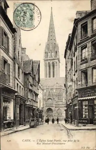 Ak Caen Calvados, L'Eglise Saint-Pierre, vue prise de la Rue Montoir-Poissonerie