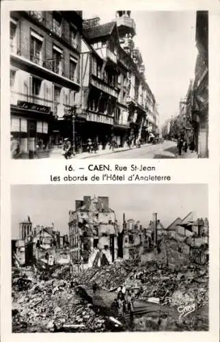 Ak Caen Calvados, Rue St-Jean les abords de l'Hotel d'Angleterre