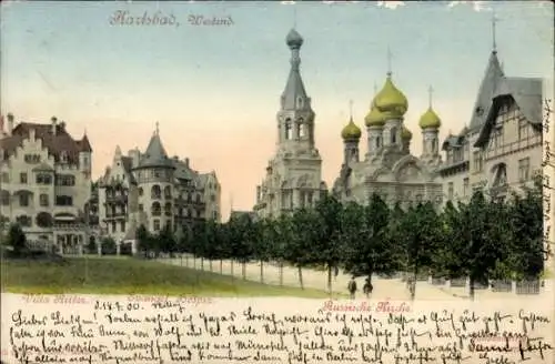 Ak Karlovy Vary Karlsbad Stadt,  Westend, Villa Hiller, Russische Kirche