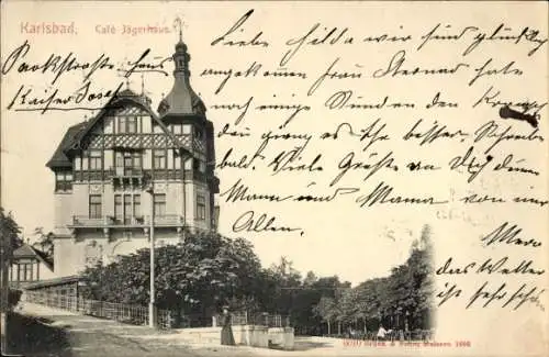 Ak Karlovy Vary Karlsbad Stadt, Café Jägerhaus, Parkstraße, Ansicht des Gebäudes