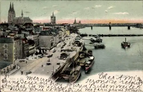 Ak Köln am Rhein, Panoramablick auf den Rhein, Stadtansicht mit Kirchen, Schiffe im Wasser