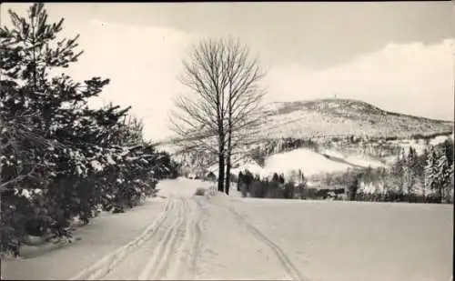Ak Lückendorf Oybin Oberlausitz, Schneelandschaft, Baum, Berge im Hintergrund, Schlitten- oder...