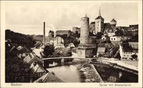 Ak Bautzen in der Oberlausitz,  Spree, Wasserturm, historische Gebäude, Fluss