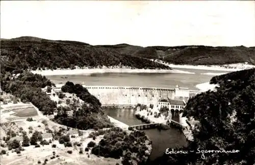 Ak Waldeck am Edersee Hessen, Edersee Staudamm, Wasserkraftwerk, Berglandschaft, Wald, See
