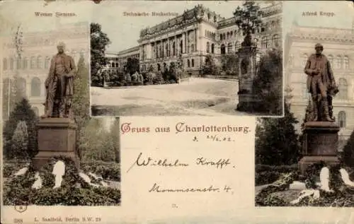 Ak Berlin Charlottenburg, Technische Hochschule, Denkmal Werner Siemens, Alfred Krupp