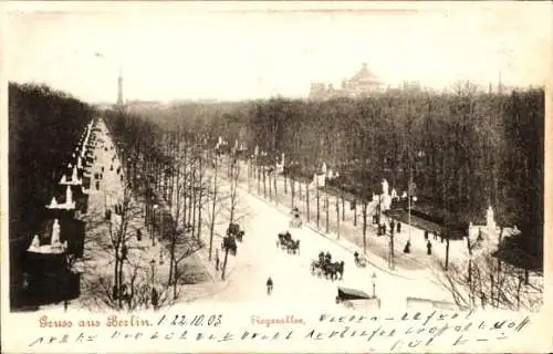 Ak Berlin Tiergarten, Schneebedeckte Allee, Siegesallee, Pferdekutschen, historische Architektur