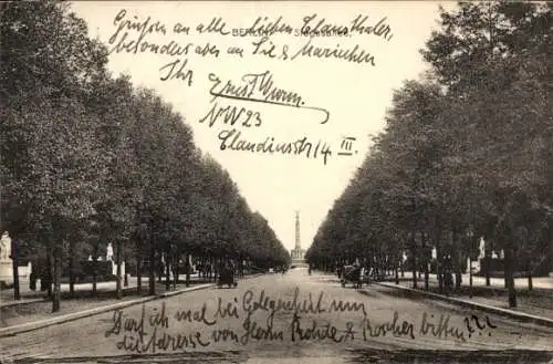Ak Berlin Tiergarten, Allee mit Bäumen, Statue in der Ferne, gestrichener Text
