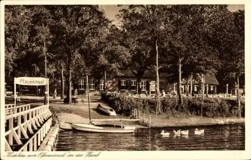 Ak Berlin Zehlendorf Wannsee, Pfaueninsel, Wirtshaus Hemmel's an der Havel,  Boote, Enten
