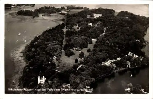 Ak Berlin Zehlendorf Wannsee, Pfaueninsel, Gaststätte Blockhaus Nikolskoe, Fliegeraufnahme