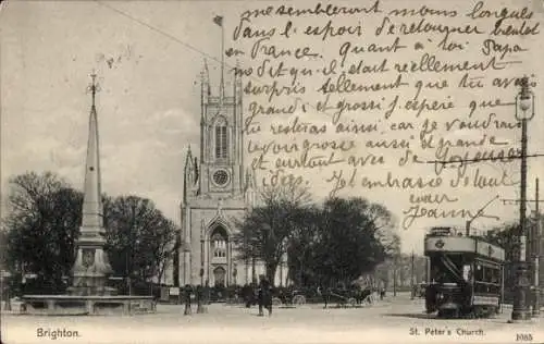 Ak Brighton East Sussex England, St. Peter's Church, monument, Straßenbahn, Bäume, Stadtansicht