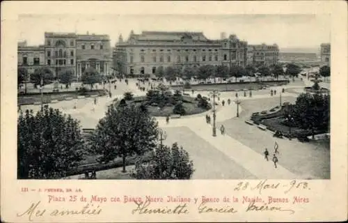 Ak Buenos Aires Argentinien, Plaza 25 de Mayo, Banco Nuevo Italiano, Banco de la Nación, Menschen