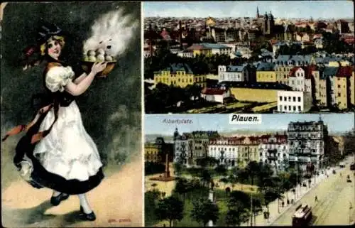 Ak Plauen im Vogtland, Frau mit Tablett, Stadtansicht, Albertplatz
