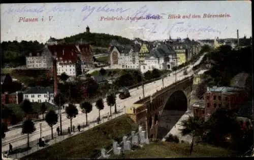 Ak Plauen im Vogtland, Brücke, Blick auf den Bärenstein, Stadtansicht, farbige Postkarte