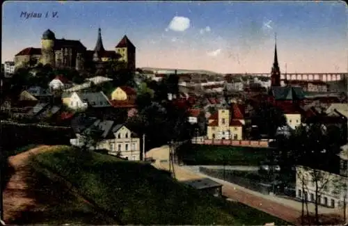 Ak Mylau Reichenbach im Vogtland, Stadtansicht, Burg, Häuser, Kirche, alte Architektur