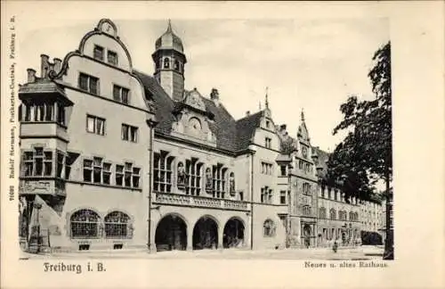 Ak Altstadt Freiburg im Breisgau, Neues und altes Rathaus, historische Architektur, Stadtansicht