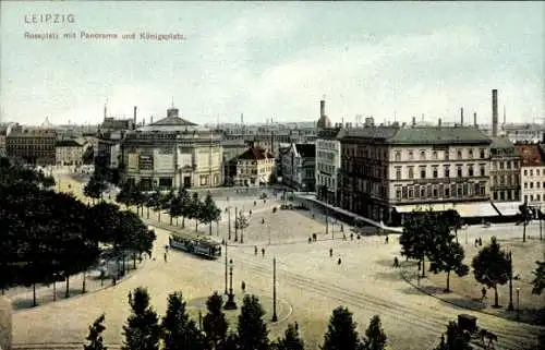 Ak Leipzig in Sachsen, Panorama vom Rossplatz und Königsplatz, Straßenbahn, Kutsche