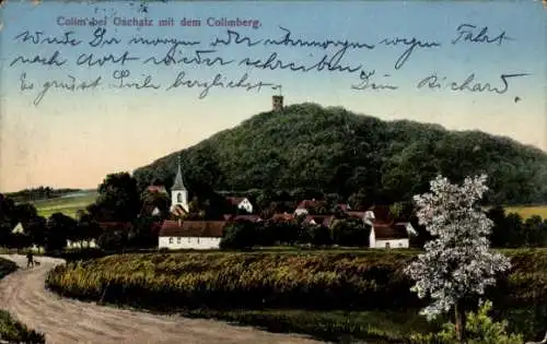 Ak Oschatz in Sachsen, Landschaftsbild, Ort mit Kirche, Collmberg im Hintergrund